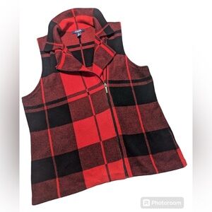 Ralph Lauren Chaps Zip Vest Red Black Plaid 100% Cotton Stretch Knit Size L